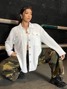 SHEIN EZwear Plus Size Shirt Jacket With Double Sided Pockets And Single-breasted Button Closure - White - View 3