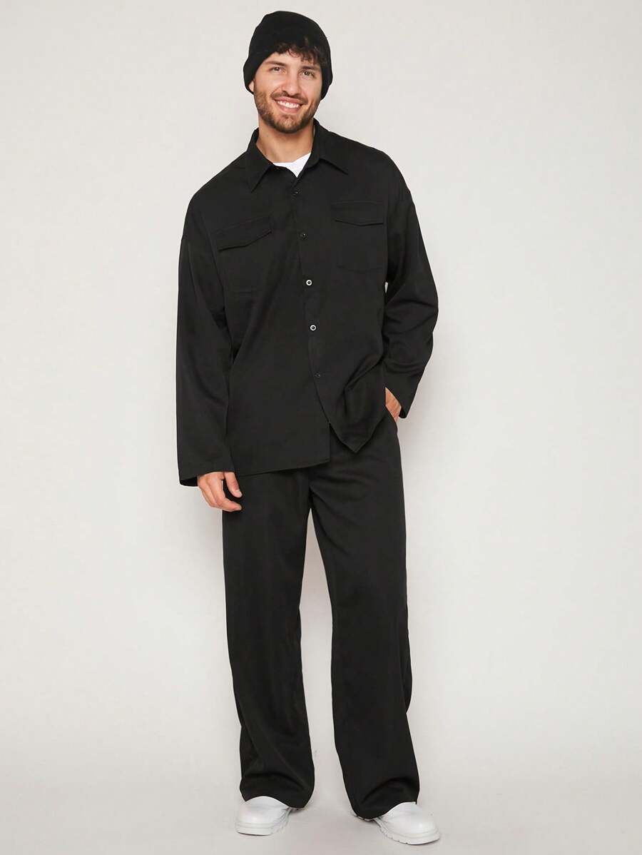 Manfinity Homme 男士實色翻蓋口超大碼襯衫和褲子