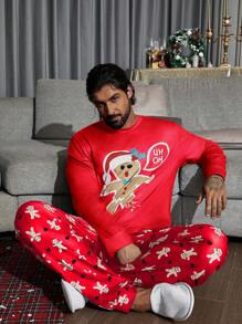 Men Christmas Print PJ Set - Red - View 6