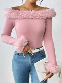 Allurite Fuzzy Trim Off Shoulder Ribbed Knit Tee - Pink - View 1