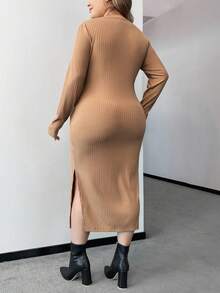 SHEIN 孕婦大碼前繫帶下擺開叉緊身洋裝 - 卡其色 - 查看 2