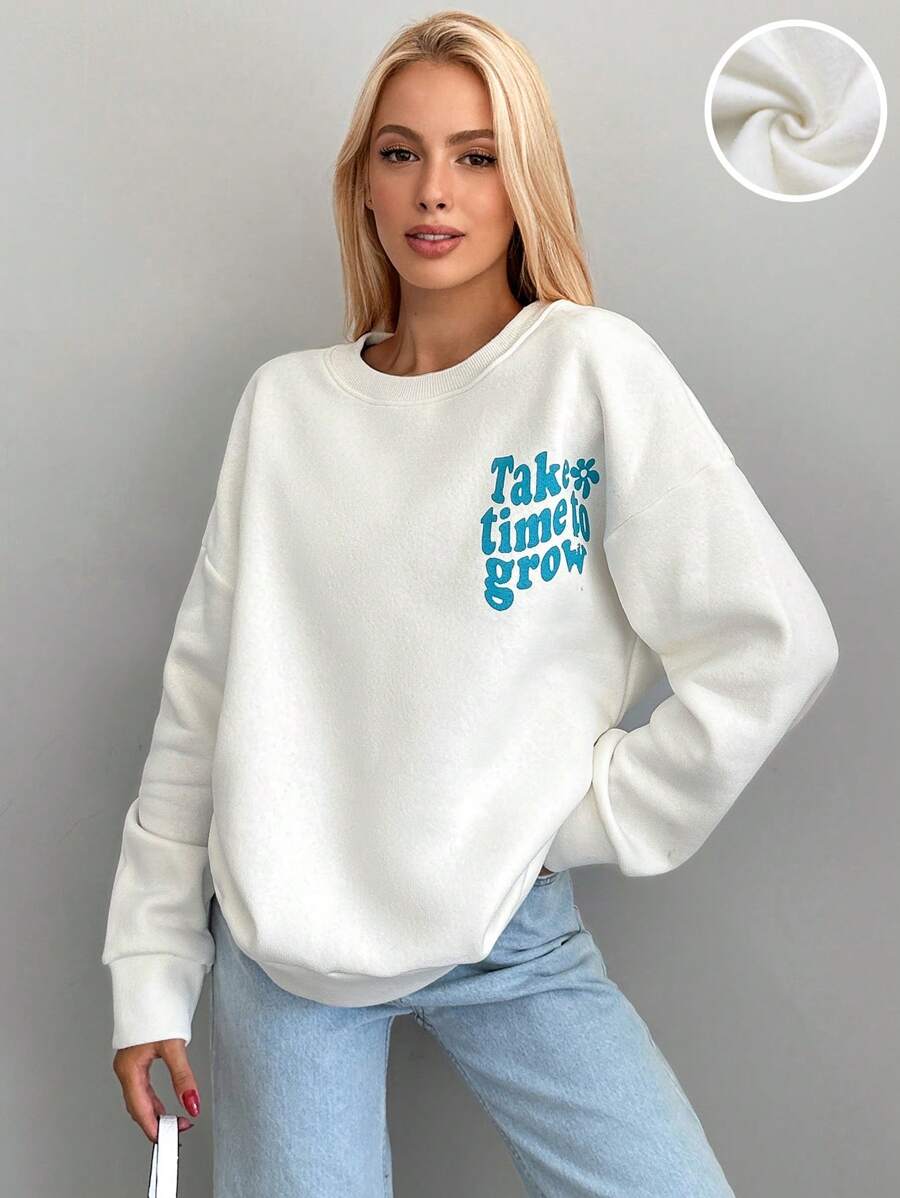 EURMUSE Slogan Graphic Drop Shoulder Sweatshirt - White - View 1