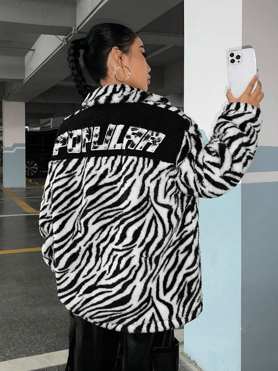 SHEIN EZwear Sọc Ngựa vằn & Mẫu chữ Thả vai áo - Đen và trắng - Xem 1