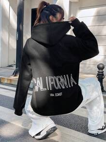 SHEIN Unity Capucha con estampado de letra de hombros caídos con cordón - Negro - Ver 3