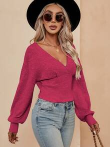 SHEIN LUNE 素色交疊領落肩T恤 - 玫紅色 - 查看 4