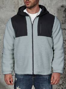 Manfinity Homme Abrigo acolchado con capucha con cremallera y bloques de color talla grande para hombres