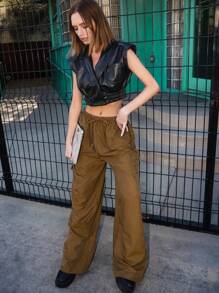 SHEIN Haute 束口腰帶貨物降落傘褲 - 棕色 - 查看 2