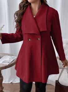 SHEIN Franclia Hơn Cổ áo thác nước Nút đôi Viền lấp lánh Áo khoác - Màu Đỏ Sâu - Xem 3