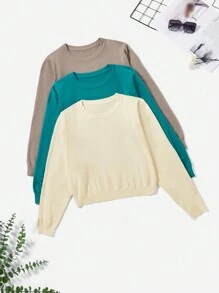SHEIN EZwear 大碼3入組素色圓領套頭毛衣 - 彩色 - 查看 1