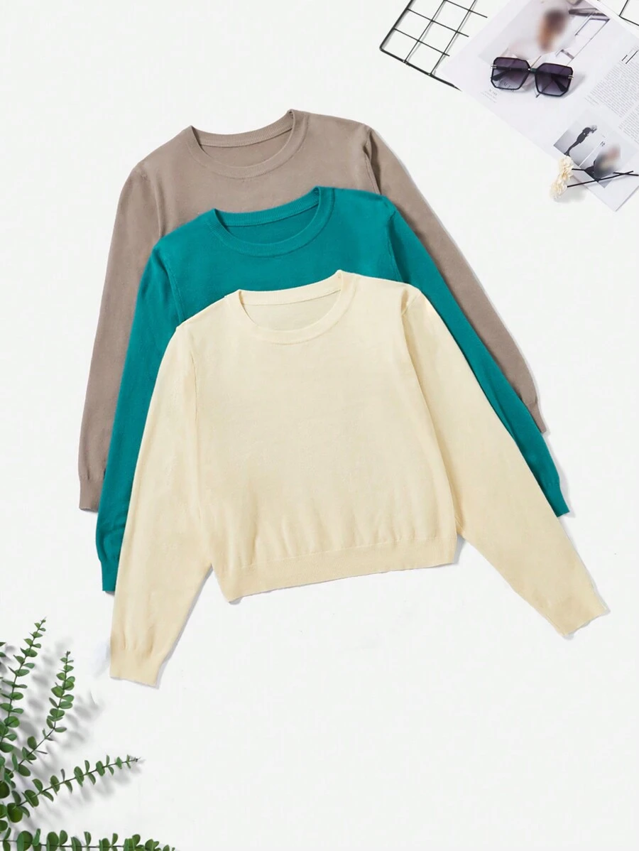 SHEIN EZwear 大碼3入組素色圓領套頭毛衣 - 彩色 - 查看 1