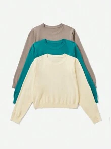 SHEIN EZwear 大碼3入組素色圓領套頭毛衣 - 彩色 - 查看 3