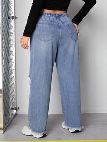 SHEIN EZwear Plus Size Loose Fit Boyfriend Straight Leg Jeans With Distressed Detailing, No Stretch - Blue - View 2
