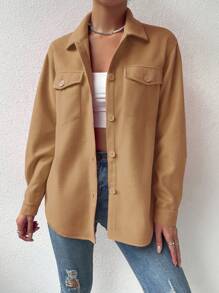 SHEIN Unity Túi có nắp Thả vai Curved Hem Áo khoác - Màu Khaki - Xem 5