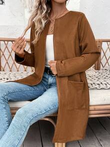 SHEIN Essnce 素色開門襟雙口袋開門襟外套不附腰帶 - 棕色 - 查看 5