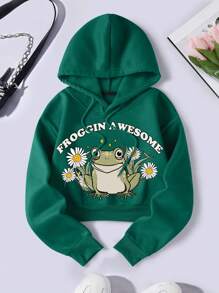 SHEIN Essnce 青蛙&印花加絨內裏抽繩短款連帽衫 - 墨綠色 - 查看 1