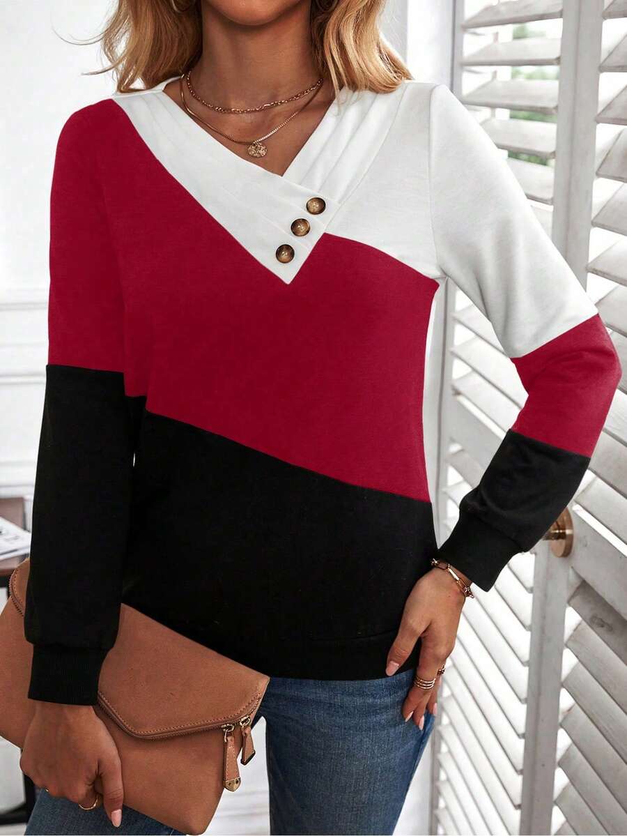 SHEIN LUNE 撞色紐扣細節運動衫 - 彩色 - 查看 1