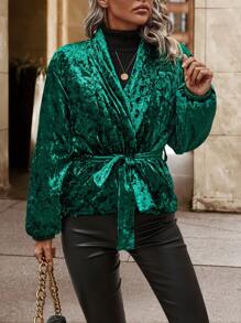 SHEIN LUNE Solid Belted Velour Padded Padded Coat Clothes Winter - Dark Green - View 7