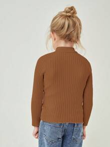 SHEIN Young Girl Mock Neck Ribbed Knit Sweater - Brown - View 2