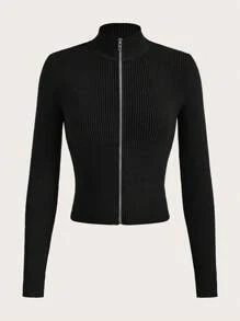 SHEIN EZwear Dây kéo Đồ đan Ribbed Áo len Mở - màu đen - Xem 1