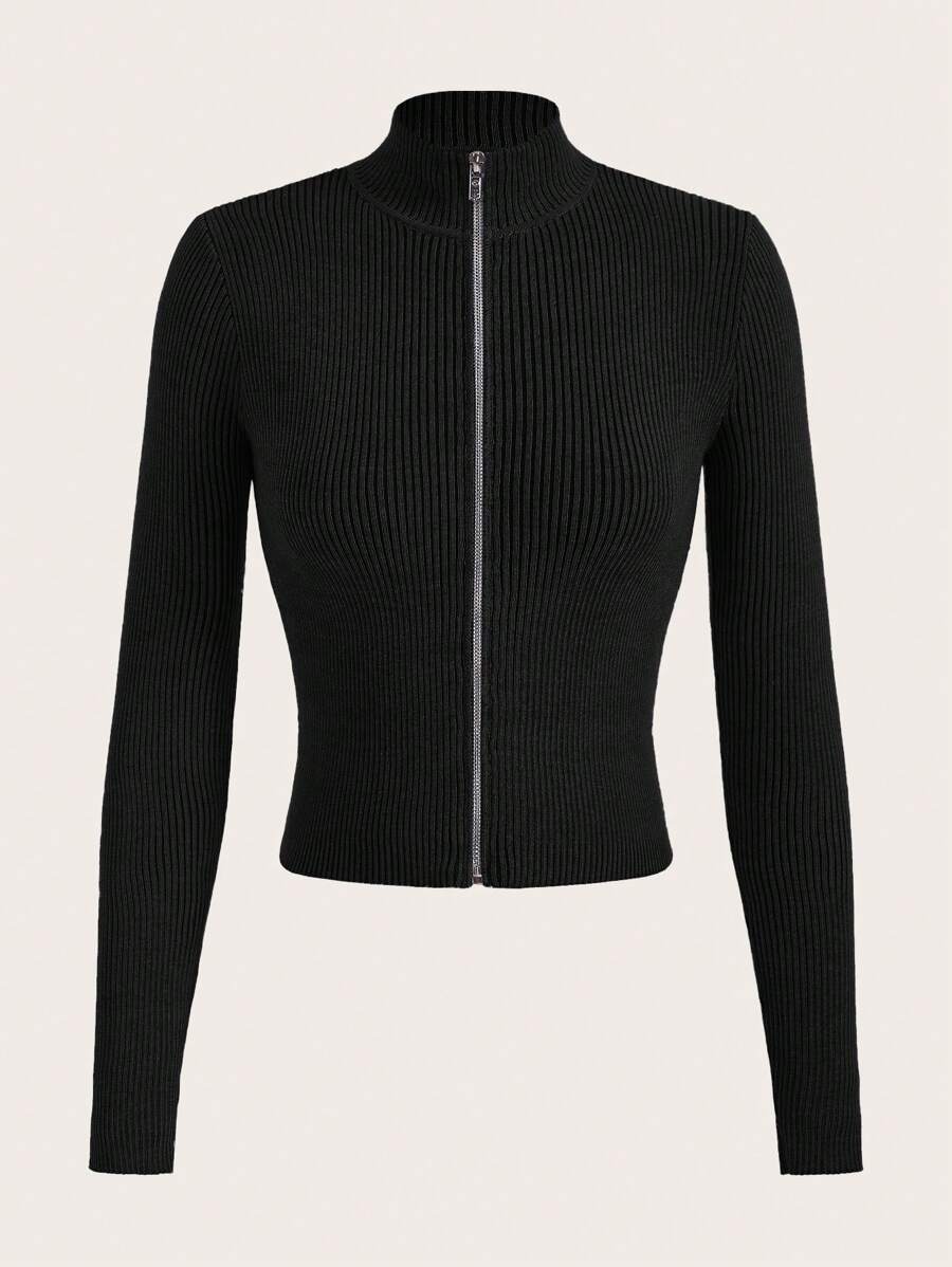 SHEIN EZwear Dây kéo Đồ đan Ribbed Áo len Mở - màu đen - Xem 1