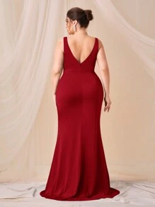 SHEIN Belle Burgundy Red Plus Ruched Side Split Thigh Cami Bridesmaid Dress - Burgundy - View 2