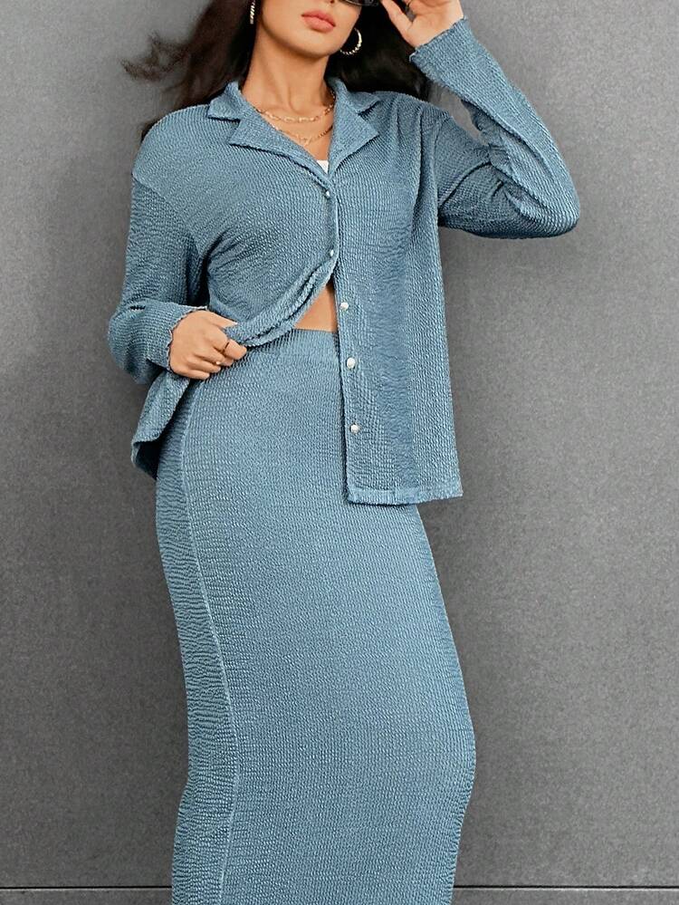 Lapel Neck Drop Shoulder Coat & Skirt