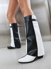 經典女士膝高靴,粗跟尖頭設計:黑白色塊設計,適合派對和聚會 - 黑與白 - 查看 3