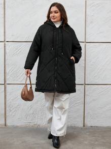 SHEIN Essnce Của phụ nữ Kích thước lớn áo có mũ Mùa Đông Áo khoác Với dây rút - màu đen - Xem 3