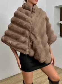 SHEIN Privé Solid Batwing Sleeve Fuzzy Coat - Khaki - View 3