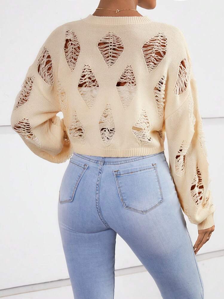 Solid Ripped Drop Shoulder Sweater