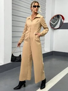 SHEIN Essnce Zip Up Wide Leg Jumpsuit - Khaki - View 3