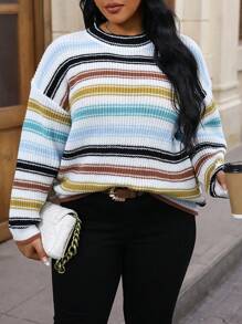 Calvaya 大碼條紋圖案落肩袖套頭毛衣 - 彩色 - 查看 7