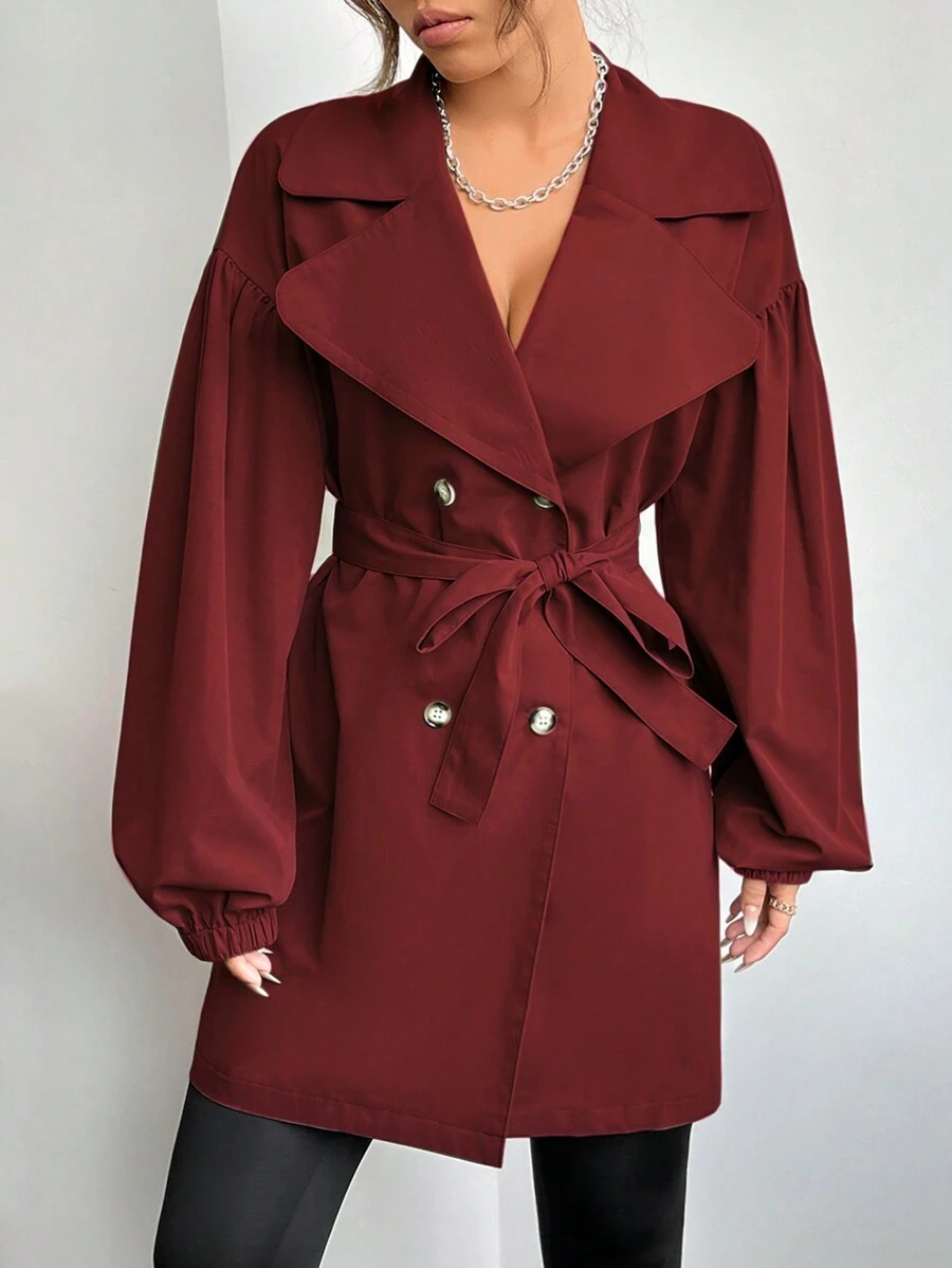 EURMUSE Lapel Button Trench Coat - Red - View 1