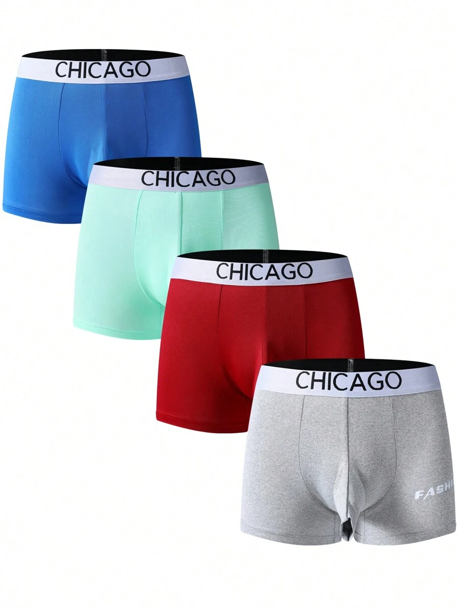 Men 4pcs Contrast Letter Tape Boxer Brief - Multicolor - View 1