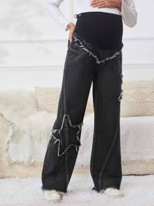 SHEIN Maternity Frayed Denim Jeans - Black - View 4