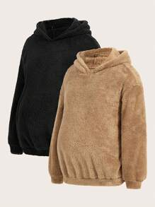 SHEIN Maternity 2pcs Solid Drop Shoulder 3D Ear Design Sweatshirt, For Winter - Multicolor - View 1