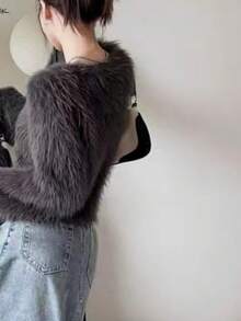 纯色落肩蓬松开衫，长袖上衣 - 灰色 - 查看 2