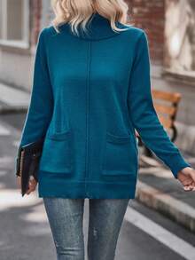 SHEIN LUNE Turtleneck Dual Pocket Sweater - Blue - View 6
