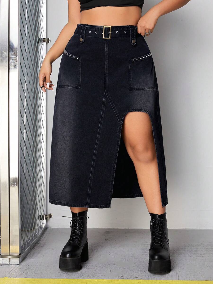 SHEIN ICON Hơn Chi tiết đáng kinh ngạc Tách đùi Váy Denim Không có thắt lưng - màu đen - Xem 1