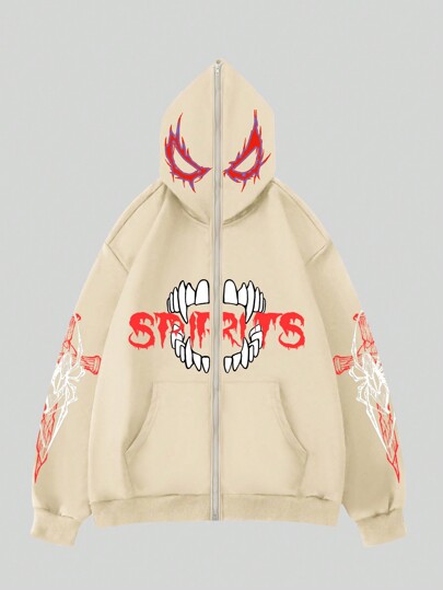 Goth Sweat À Capuche Zippé Imprimé Dessin Animé Et Lettre Pour Hommes