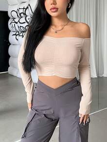SHEIN EZwear Off Shoulder Viền mặt trước Áo phông Crop - Màu be - Xem 3
