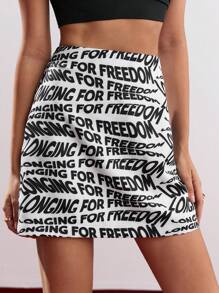 BizChic Falda Estampada De Letra De Cintura Alta Para Mujer - Blanco y Negro - Ver 3