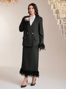 Modelyn Fuzzy Trim Blazer & Split Back Skirt 2 Piece Set - Black - View 2
