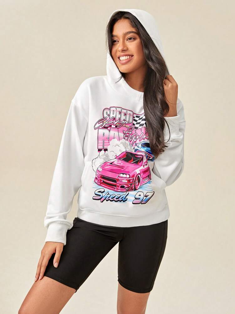 Car & Letter Graphic Drop Shoulder Sports Sweatshirt