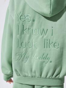 SHEIN Chica preadolescente Pantalones deportivos con capucha con bordado con patrón de slogan de hombros caídos - Verde - Ver 6