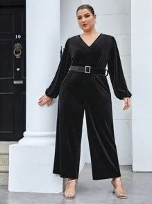BizChic بدسويت بساق واسع بياقة V حزام مقاس كبير - الأسود - مشاهدة 5