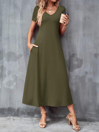 SHEIN Clasi Vestido unicolor con bolsillo oculto escote V