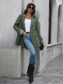 SHEIN LUNE Kẻ sọc Cổ tay áo Đôi ngực Áo vest - xanh quân đội - Xem 6