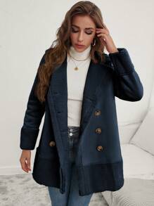 SHEIN Frenchy 秋冬双排扣泰迪熊衬里法兰绒大衣 - 藏蓝色 - 查看 4