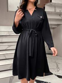Calvaya Plus Notched Neckline Belted Dress - Black - View 4
